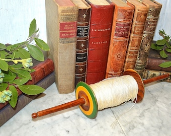 Antique Wooden Kite String Twine Spool With Handles Green Yellow Wood 