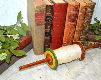 Antique Wooden Kite String Twine Spool With Handles Green Yellow Wood 