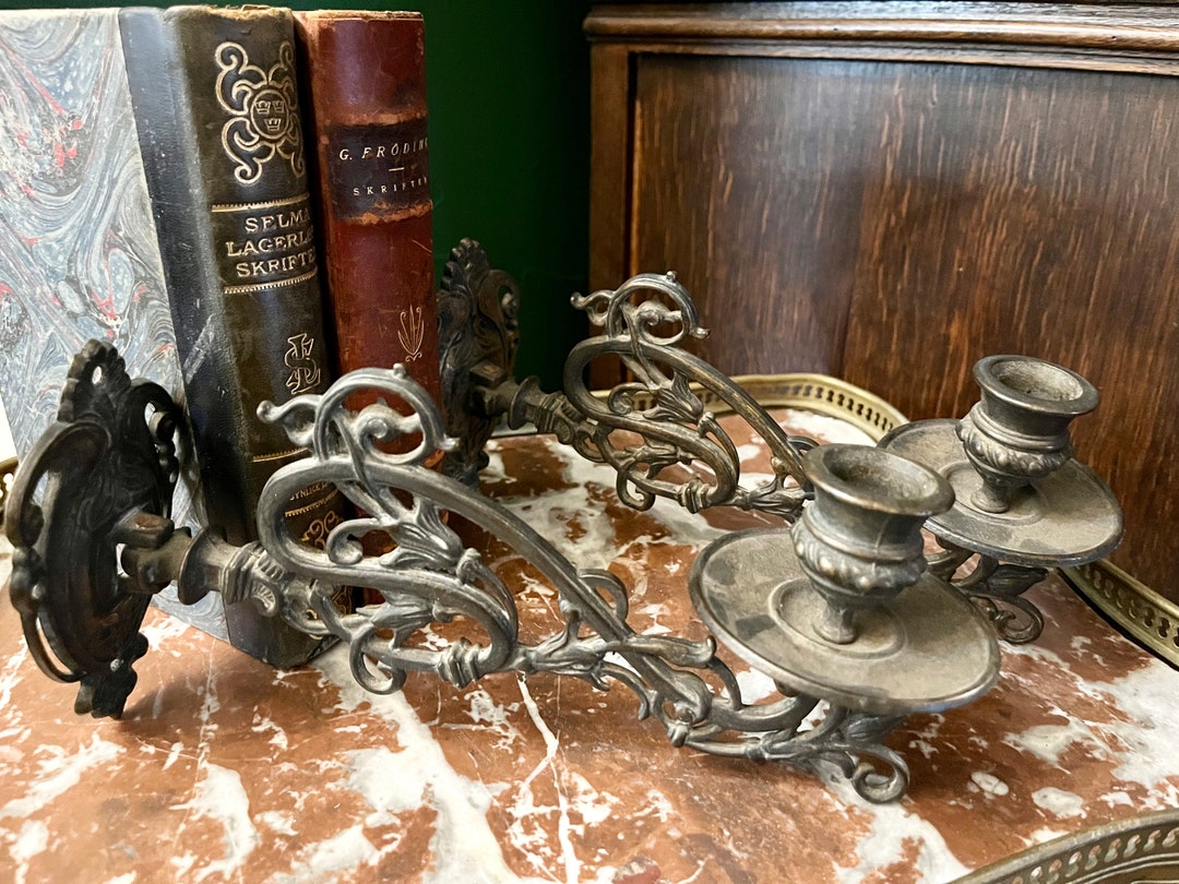 Antique French Pair Brass Piano Candle Holders Floral Art Nouveau