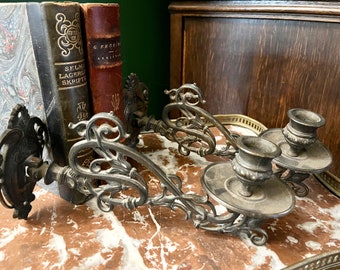 Antique French Pair Brass Piano Candle Holders Floral Art Nouveau Adjustable Arms Sconces