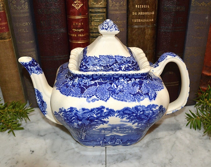 Antique English Blue Transferware Teapot Mason's Vista Etsy