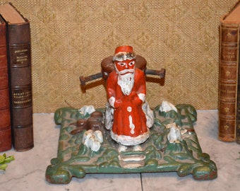 Antique German Red Santa Christmas Tree Stand Holder Cast Iron Decoration