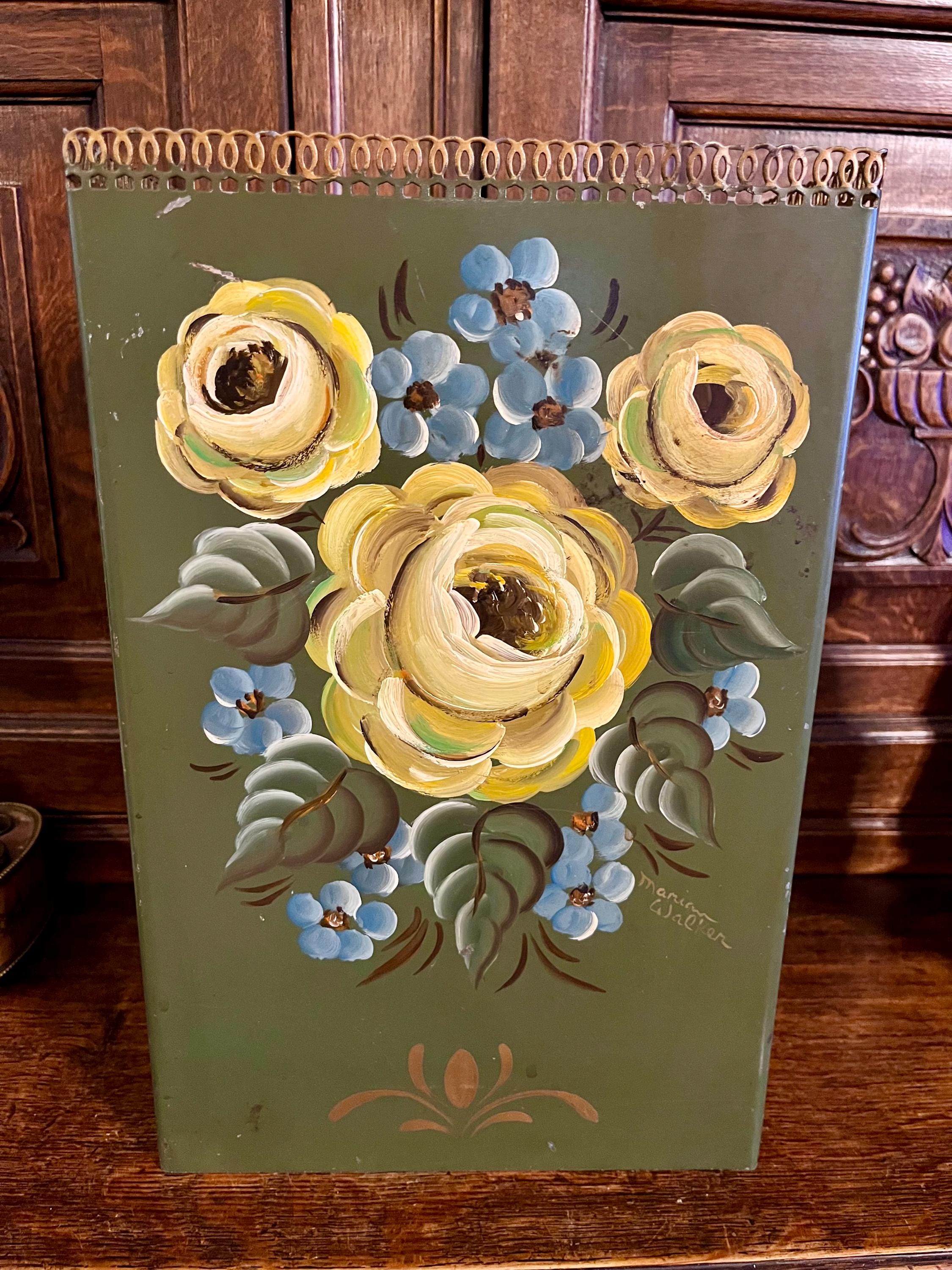 Vintage Green Floral Tole Wastebasket Metal Trash Can Hand Painted