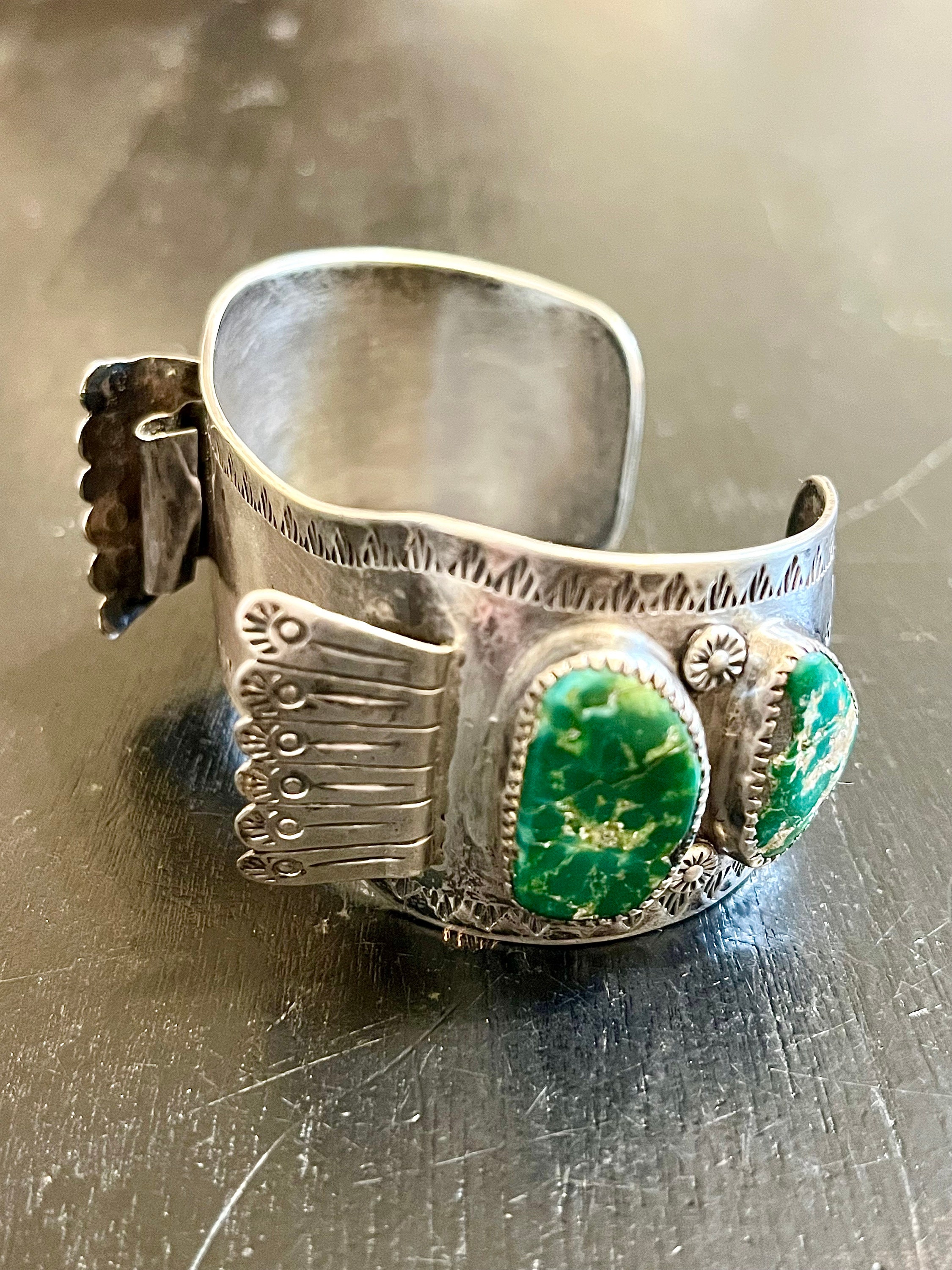 Vintage Navajo Green Turquoise Sterling Silver Watch Cuff Bracelet