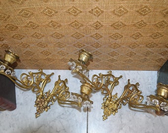 Antique French Pair Bronze Ormolu Piano Candle Holders Art Nouveau Adjustable Arms Sconces Crystals Signed Pinet