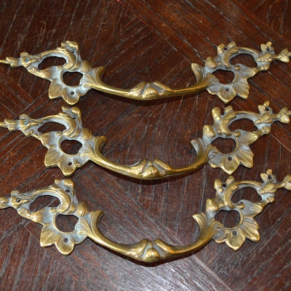 Antique Set of 3 Pulls French Brass Decorative Handles Hardware