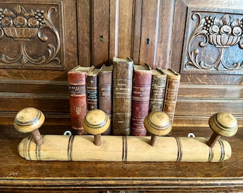 Antique French Faux Bamboo Wood 4 Peg Hooks Coat Hat Rack Wall Decor