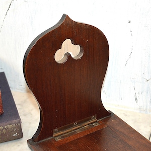 Antique English Book Shelf Carved Wood Mahogany Brass Folding Bookends Rest Trefoils Nailheads image 3