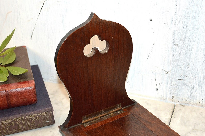 Antique English Book Shelf Carved Wood Mahogany Brass Folding Bookends Rest Trefoils Nailheads image 3