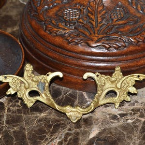 May include: A pair of ornate brass drawer pulls with a floral design. The pulls are in the shape of a stylized leaf with a central loop.
