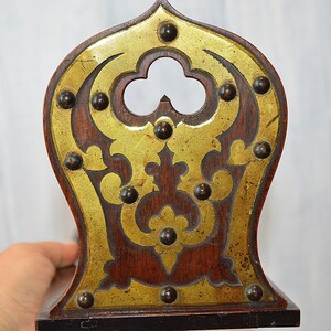 Antique English Book Shelf Carved Wood Mahogany Brass Folding Bookends Rest Trefoils Nailheads image 7