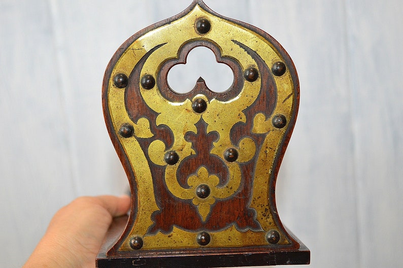 Antique English Book Shelf Carved Wood Mahogany Brass Folding Bookends Rest Trefoils Nailheads image 7