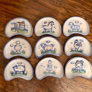 Vintage M. A. Hadley Set of 9 Salad Plates Crescent Shape Country Wife Farm Animals Barn Pottery Stoneware