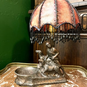 Antique Small Hunt Theme Hunter Dogs Lamp with Shade Copper Patina Spelter