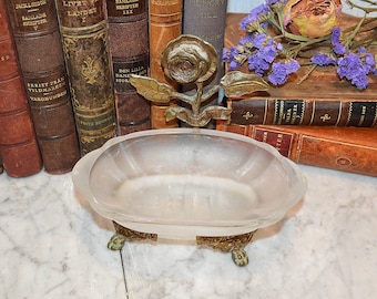 Vintage Brass Glass Standing Soap Dish Bathroom Kitchen Soap Holder Lion Paw Pedestal Base
