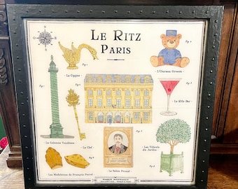 Framed French Ritz Paris Marin Montagut Illustration on Silk Square Scarf Featuring Iconic Ritz Paris Images