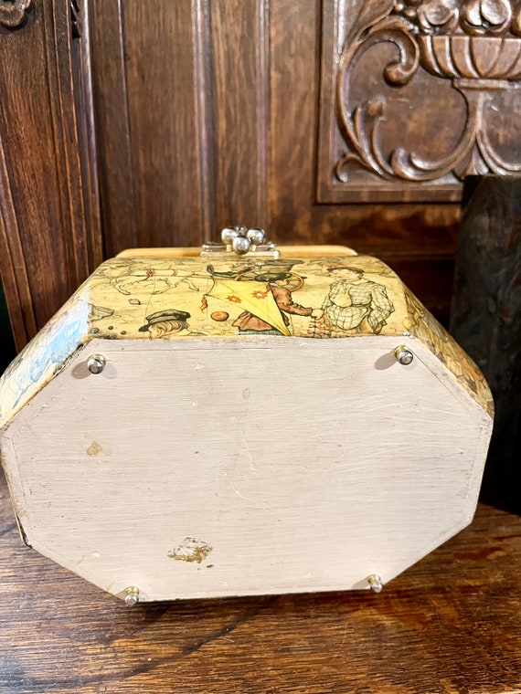 Vintage Anton Pieck Decoupage Wood Box Purse Bakelite Handle Town