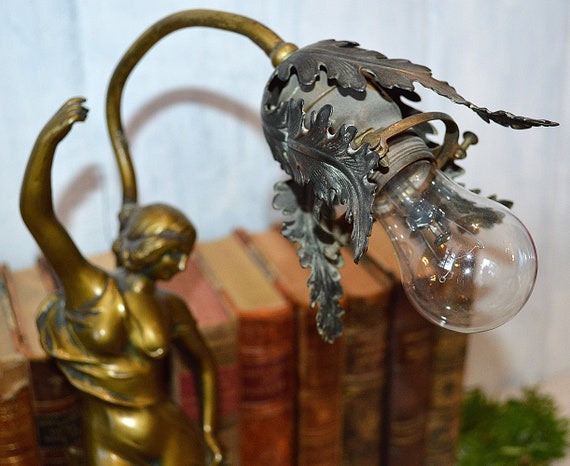 Antique Art Nouveau Brass Finish Lamp Figural Female Lady Table