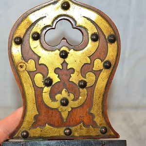 Antique English Book Shelf Carved Wood Mahogany Brass Folding Bookends Rest Trefoils Nailheads image 8