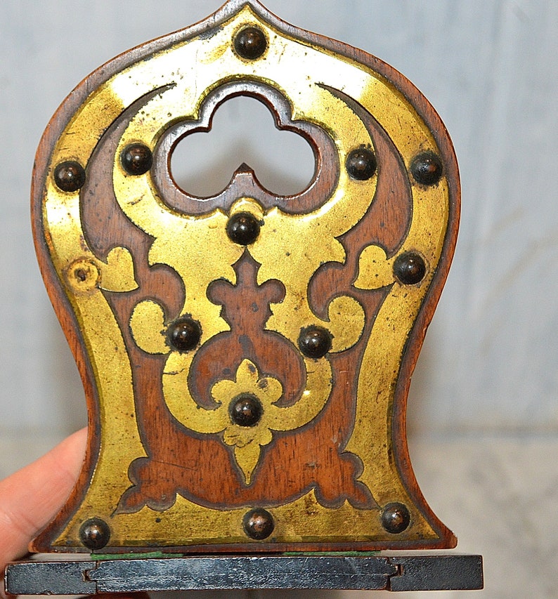 Antique English Book Shelf Carved Wood Mahogany Brass Folding Bookends Rest Trefoils Nailheads image 8
