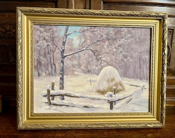 Vintage Framed Art Oil Painting Country Winter Scene Landscape Signed