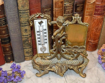 Antique Cherub Thermometer Frame Set Stand Brass R Hoehn Co 24kt Goldplated