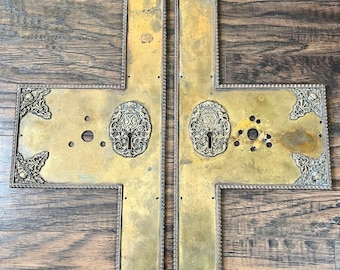 Antique Pair Large French Brass Door Plates Mount Hardware Cherubs Backplates