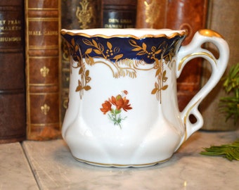 Vintage French Limoges Transferware Shaving Mug Blue Floral Gold