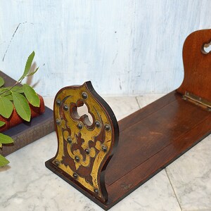 Antique English Book Shelf Carved Wood Mahogany Brass Folding Bookends Rest Trefoils Nailheads image 1