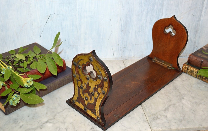 Antique English Book Shelf Carved Wood Mahogany Brass Folding Bookends Rest Trefoils Nailheads image 1