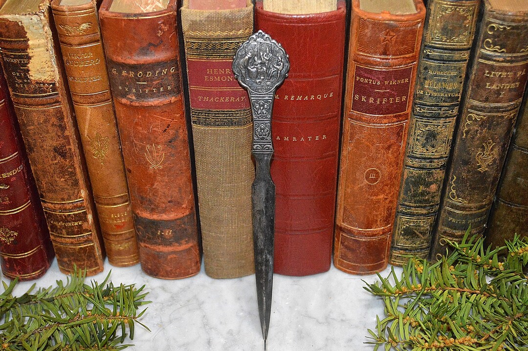 Antique Silver Plated H J Denmark Pub Scene Letter Opener Desk