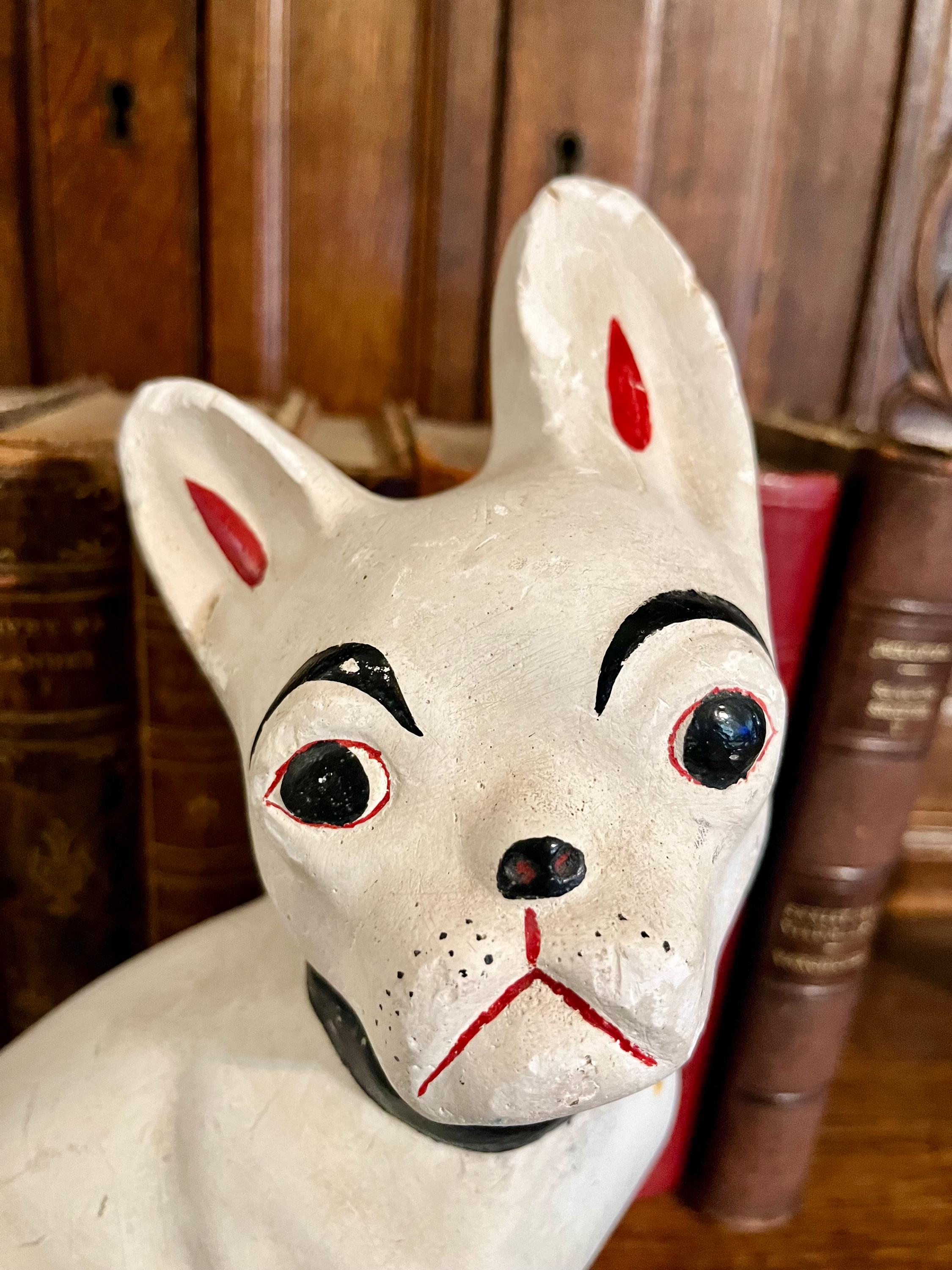 Vintage French Bulldog Hand Painted White Chalkware Plaster Dog