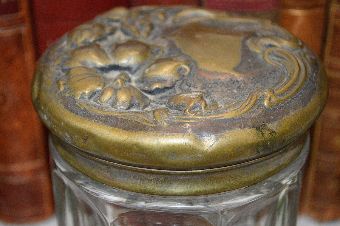 Antique Glass Brass Lid Tobacco Humidor Art Nouveau Etsy