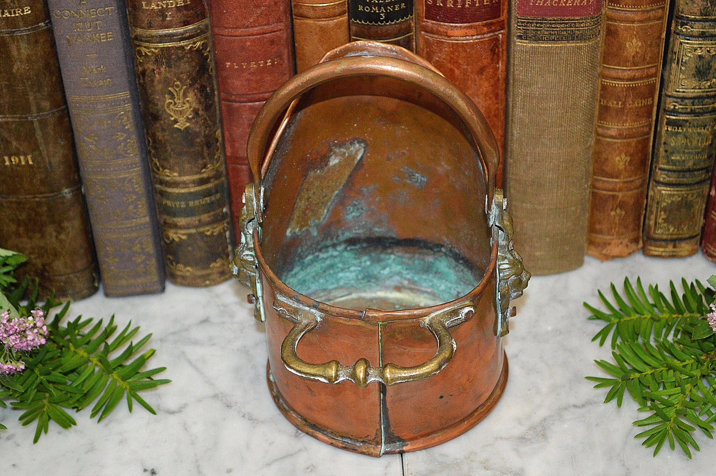 Antique Small Copper Bucket and Handle Brass Lion Mounts Etsy