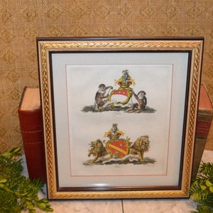 Antique Art Heraldic English Coat of Arms Framed Hand Colored Engraving Crest 19th C Lions Monkeys