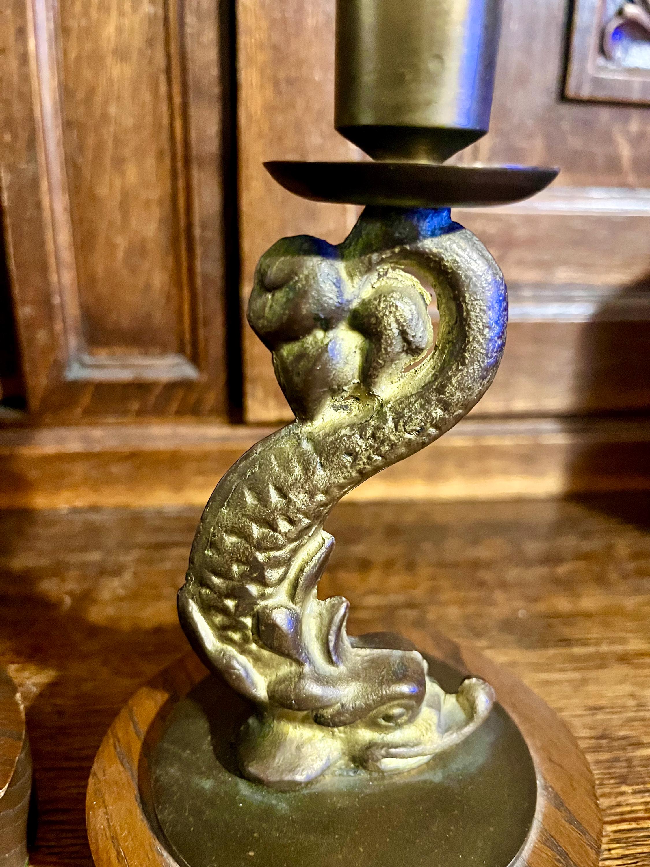 Antique Pair Candle Holders Brass Dolphin Koi Fish Candlesticks on