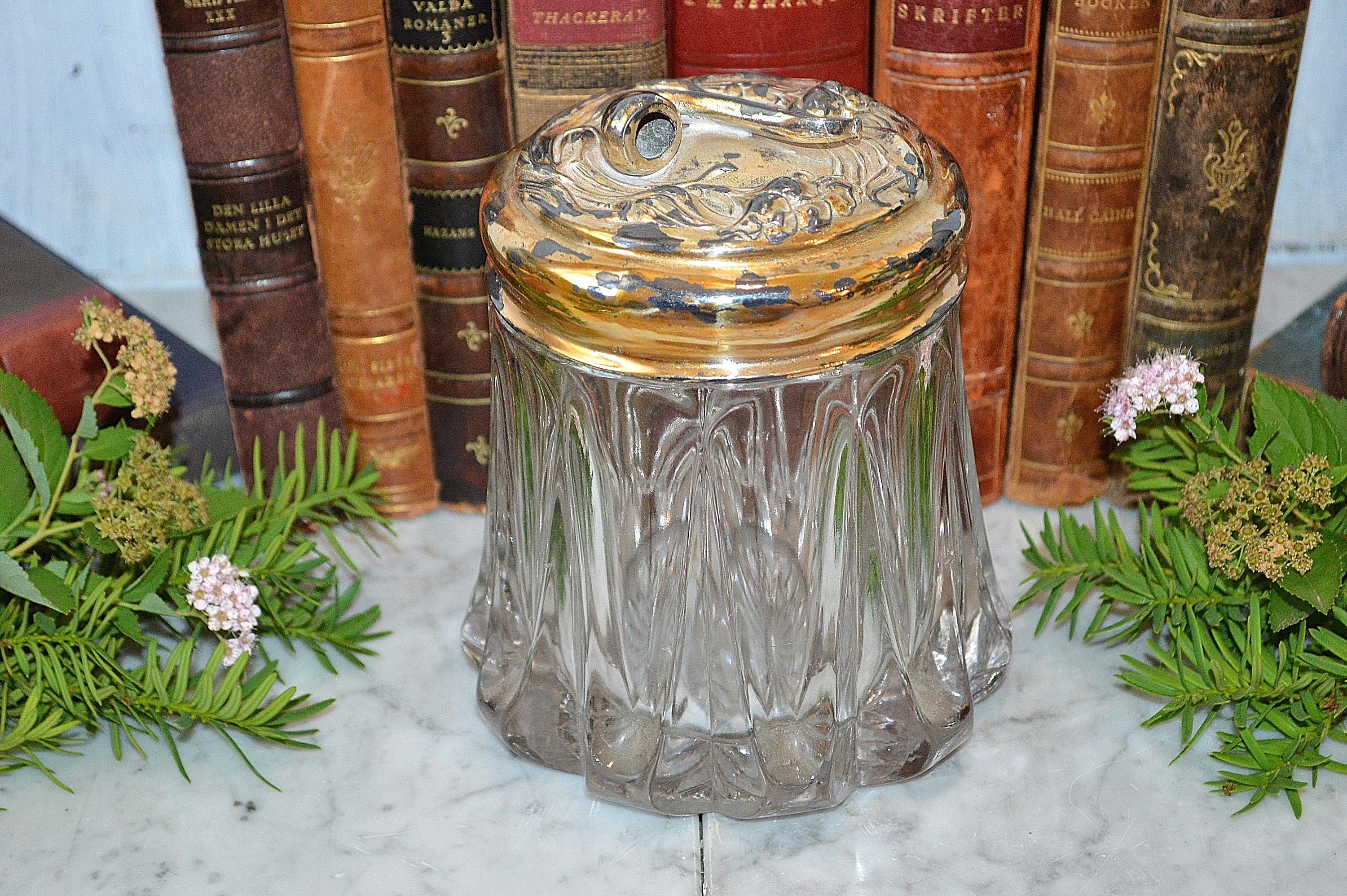 Antique Glass Brass Lid Tobacco Humidor Art Nouveau Apollo Silver Co.  Figural Pipe Lid