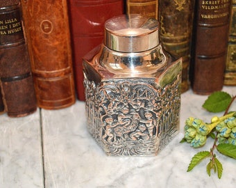 Antique Silver Plated Cherubs Ram Tea Caddy Canister Repousse