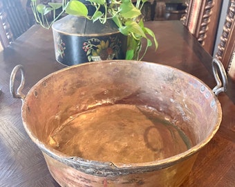 Antigua olla de cobre francesa grande, conservas de mermelada de cocina, mangos de hierro, remaches de banda del siglo XIX