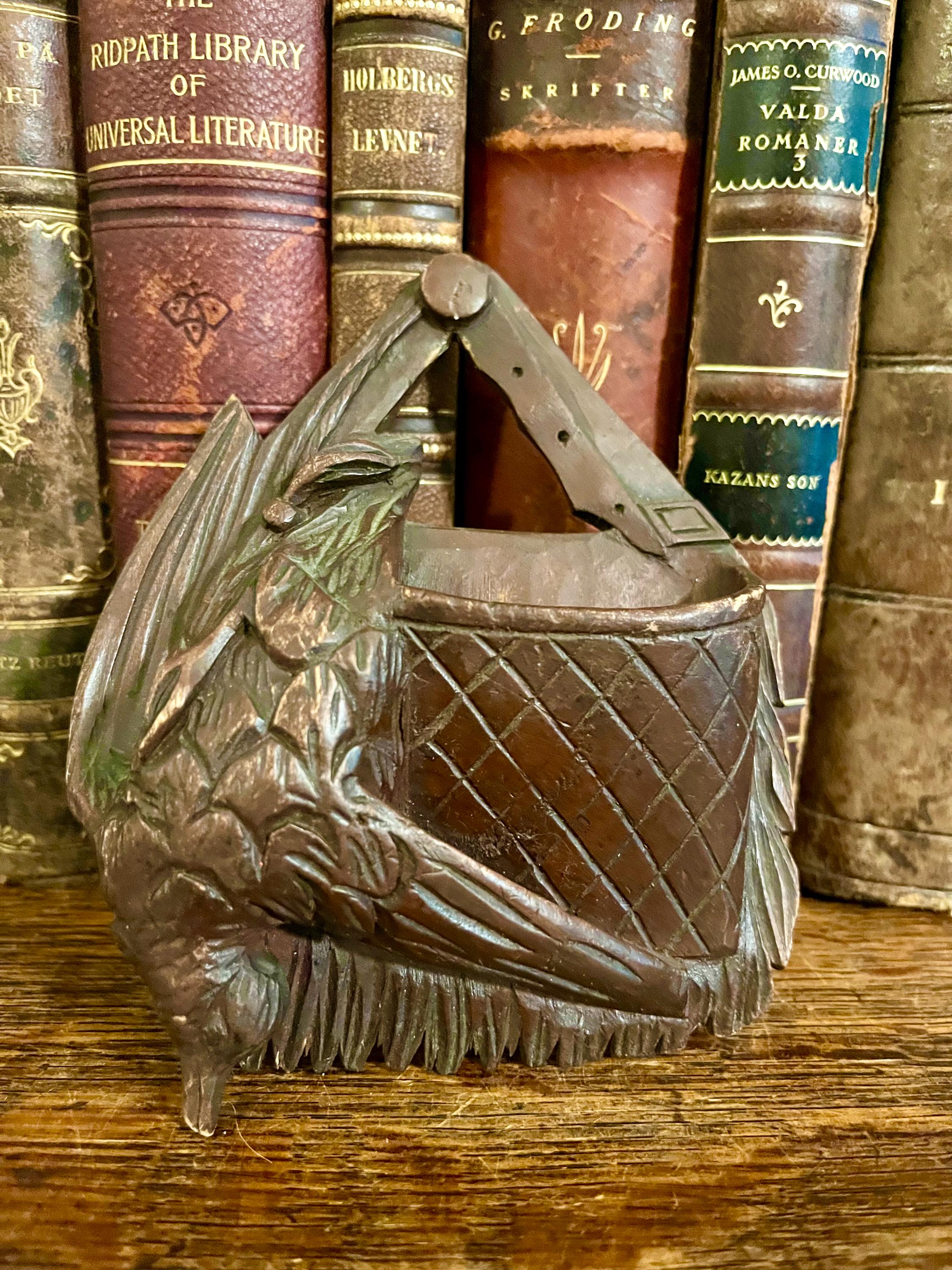 Antique Black Forest German Carved Wood Bird Hunt Bag Wall Pocket