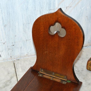 Antique English Book Shelf Carved Wood Mahogany Brass Folding Bookends Rest Trefoils Nailheads image 4