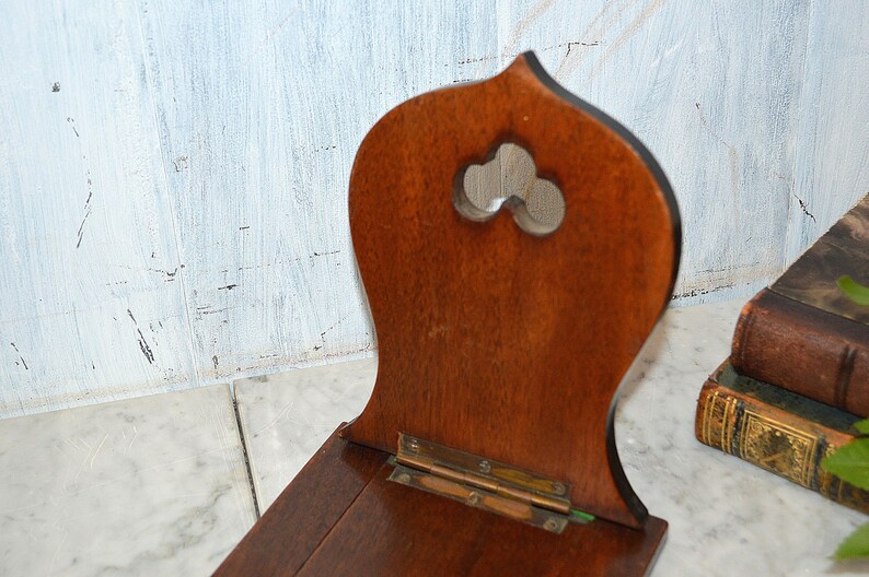 Antique English Book Shelf Carved Wood Mahogany Brass Folding Bookends Rest Trefoils Nailheads image 4