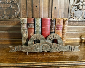 Antique French Carved Wood Bow Ribbon Pediment Plaque Trim Mount