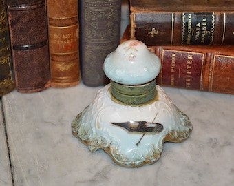 Antique French Inkwell Bottle Ink Pot Pale Blue Porcelain Floral