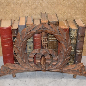 Antique French Pediment Carved Oak Large Laurel Wreath and Ribbon Architectural