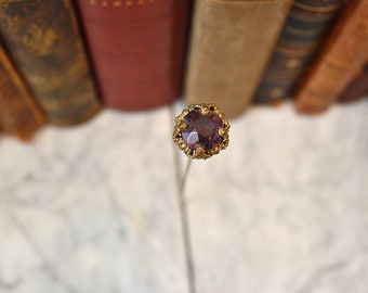 Antique Gilt Bronze Hat Pin Purple Amethyst Faceted Glass Stone Art Nouveau Hatpin