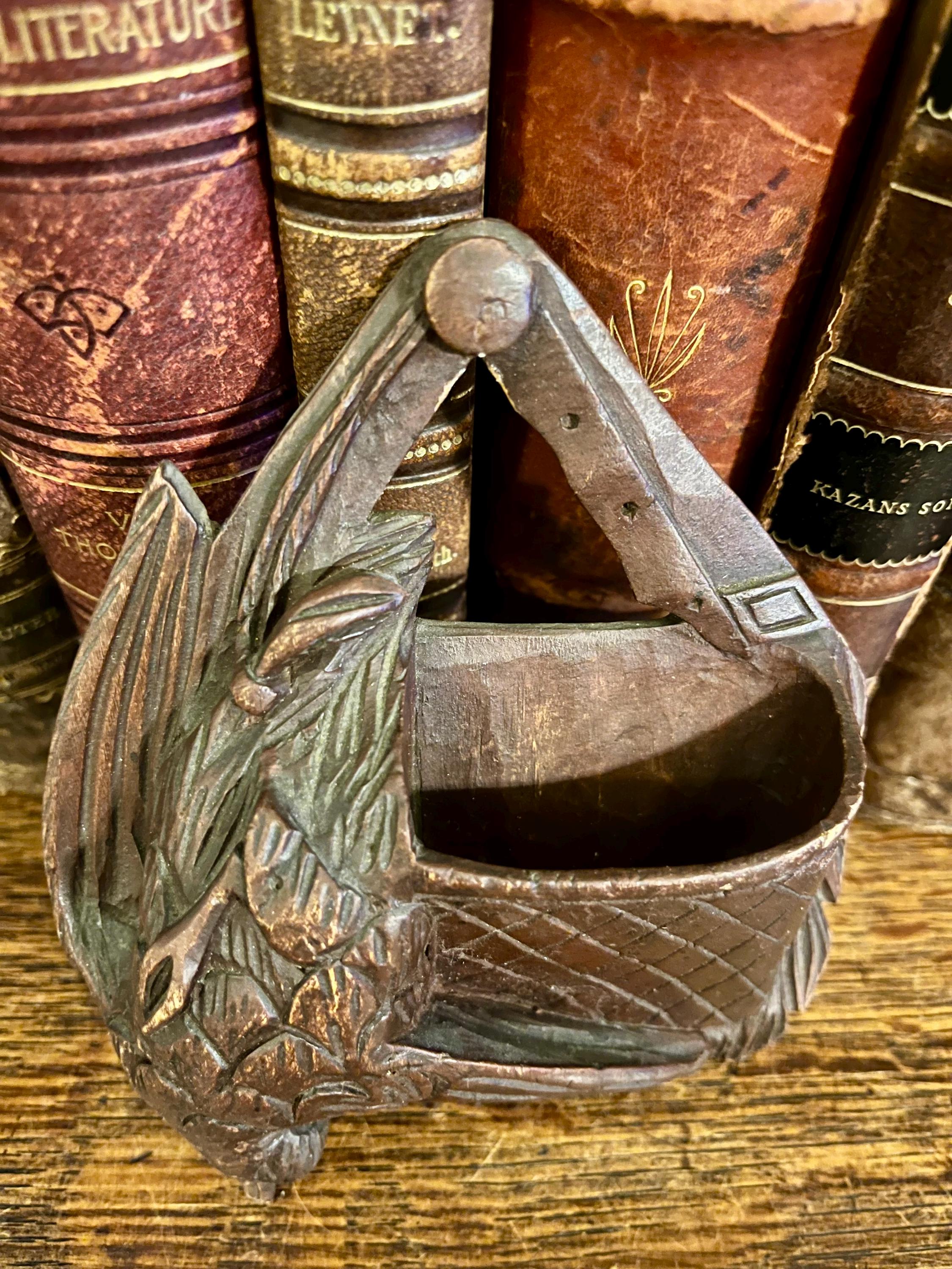 Antique Black Forest German Carved Wood Bird Hunt Bag Wall Pocket