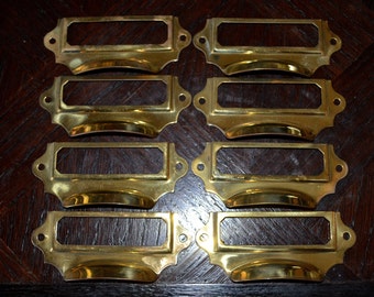 Antique Pair Brass File Drawer Library Cabinet Hardware Finger Bin Pulls Label Card Holder Repurpose