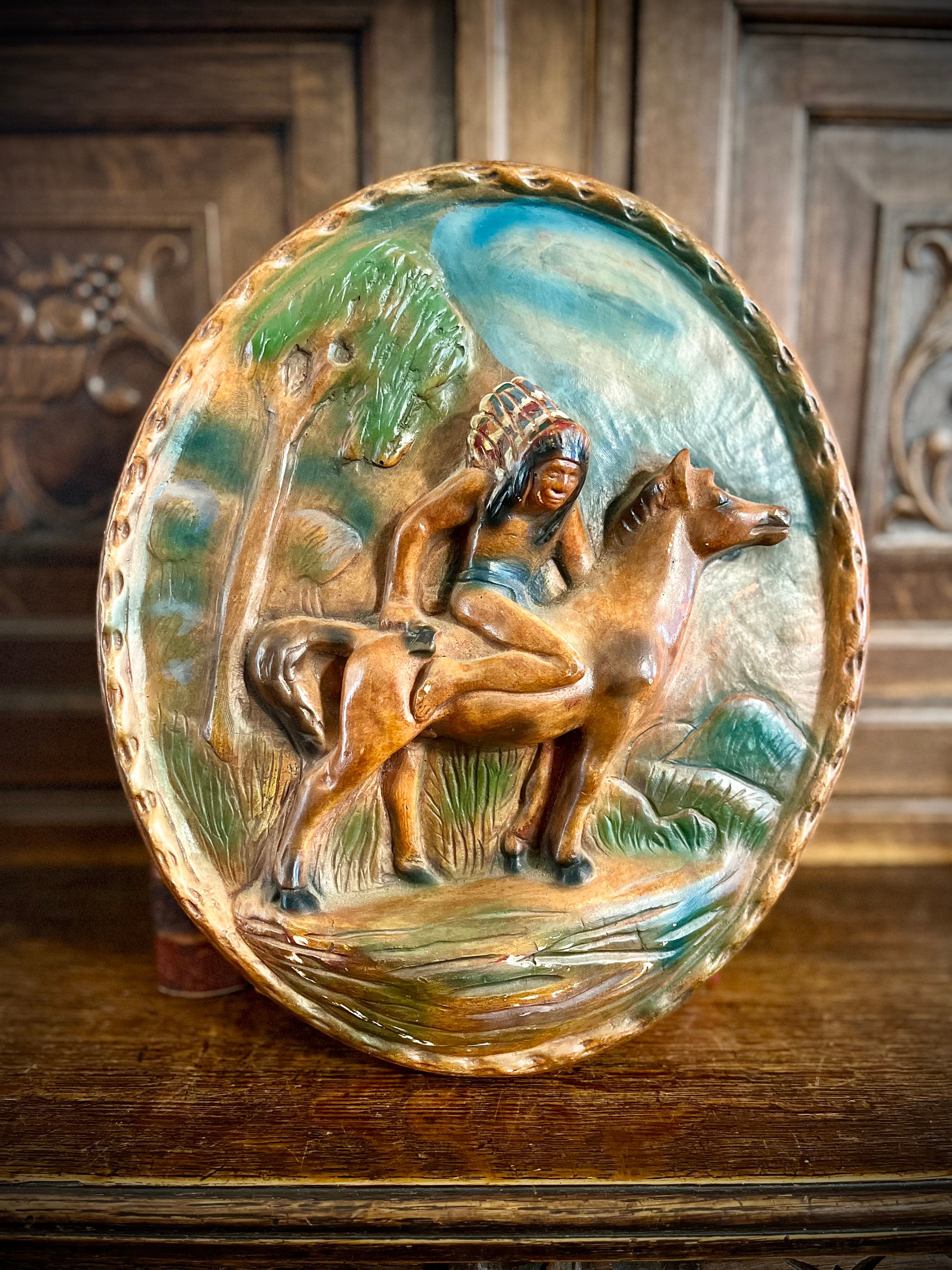 Antique Native American Indian on Horse Hand Painted Chalkware