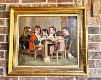 Antique French Art Oil Painting of Children Gilded Frame Signed Pierre Villain 1931 Paris